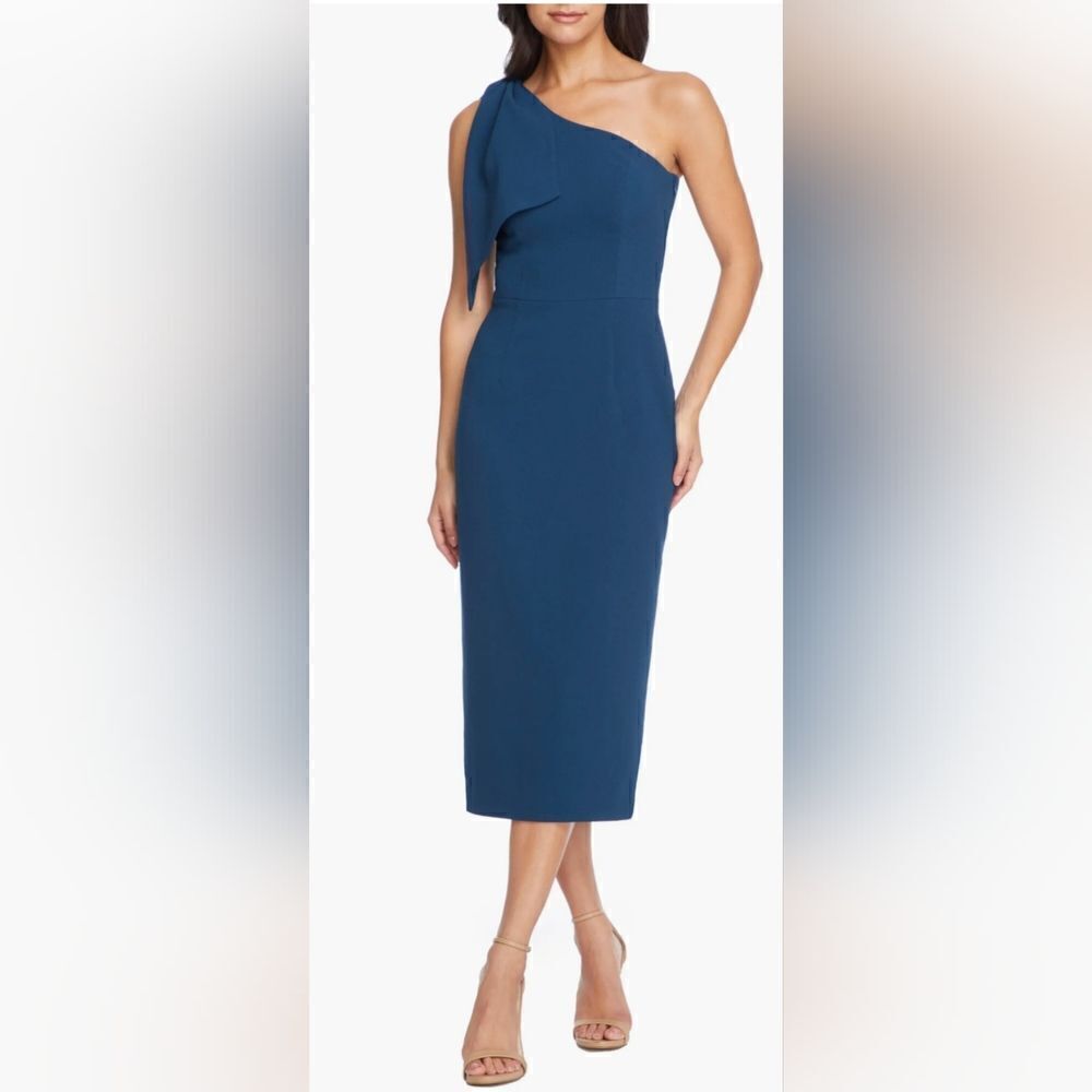 Dress the Population One-Shoulder Midi Dress in Teal Blue